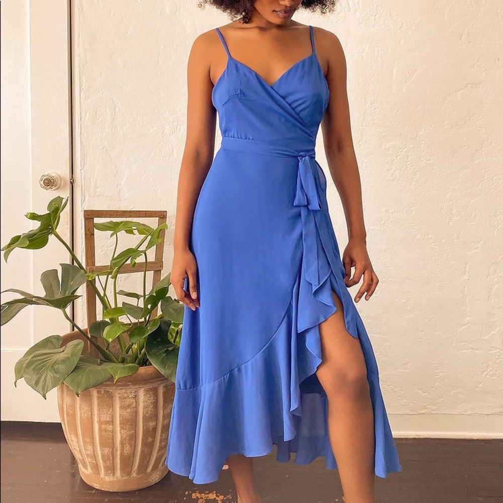 Lulu’s Manhattan Moment Blue Ruffled Midi Wrap Dress